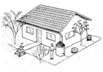 Drawing of using rain barrels to collect roof runoff.